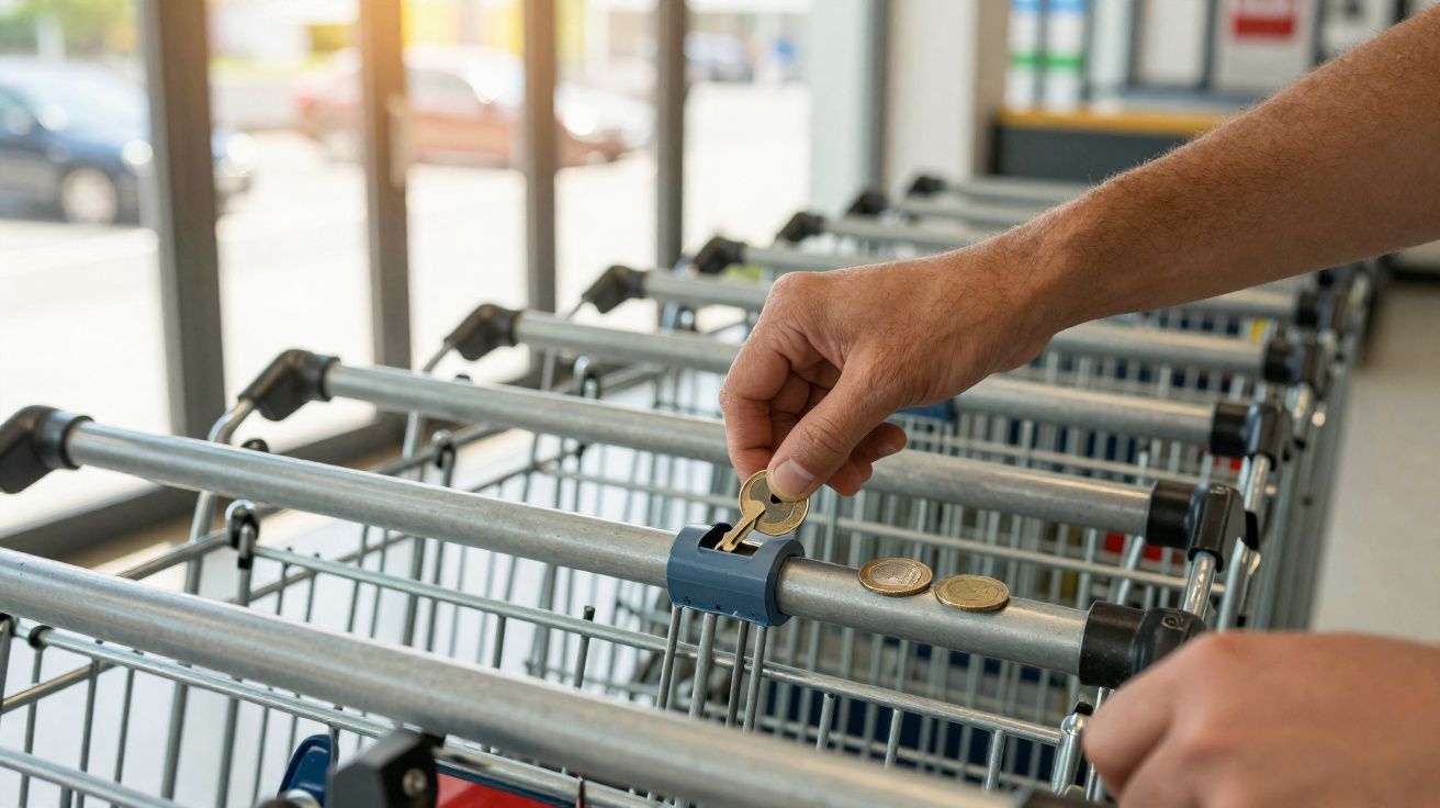 Mão inserindo moeda para liberar carrinho de supermercado alinhados dentro do estabelecimento.