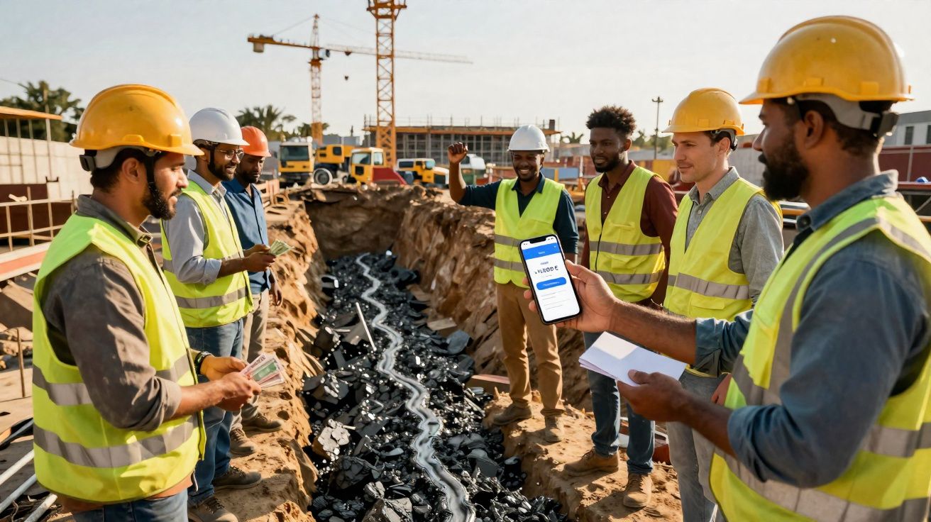 Equipe de trabalhadores em construção civil com capacetes e coletes refletivos, conferindo projeto no canteiro.