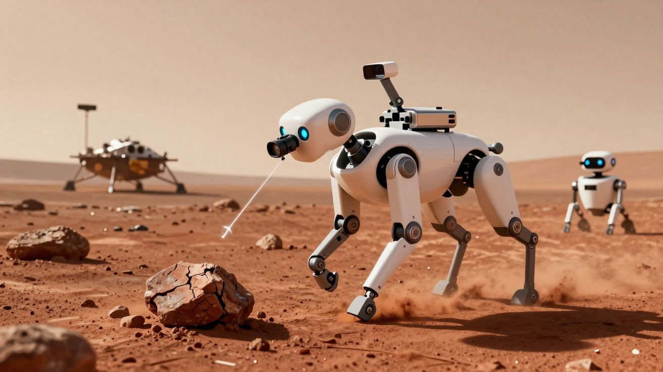 Robô em formato de cão analisando uma rocha em terreno vermelho com outro robô humanoide e módulo de exploração ao fundo.
