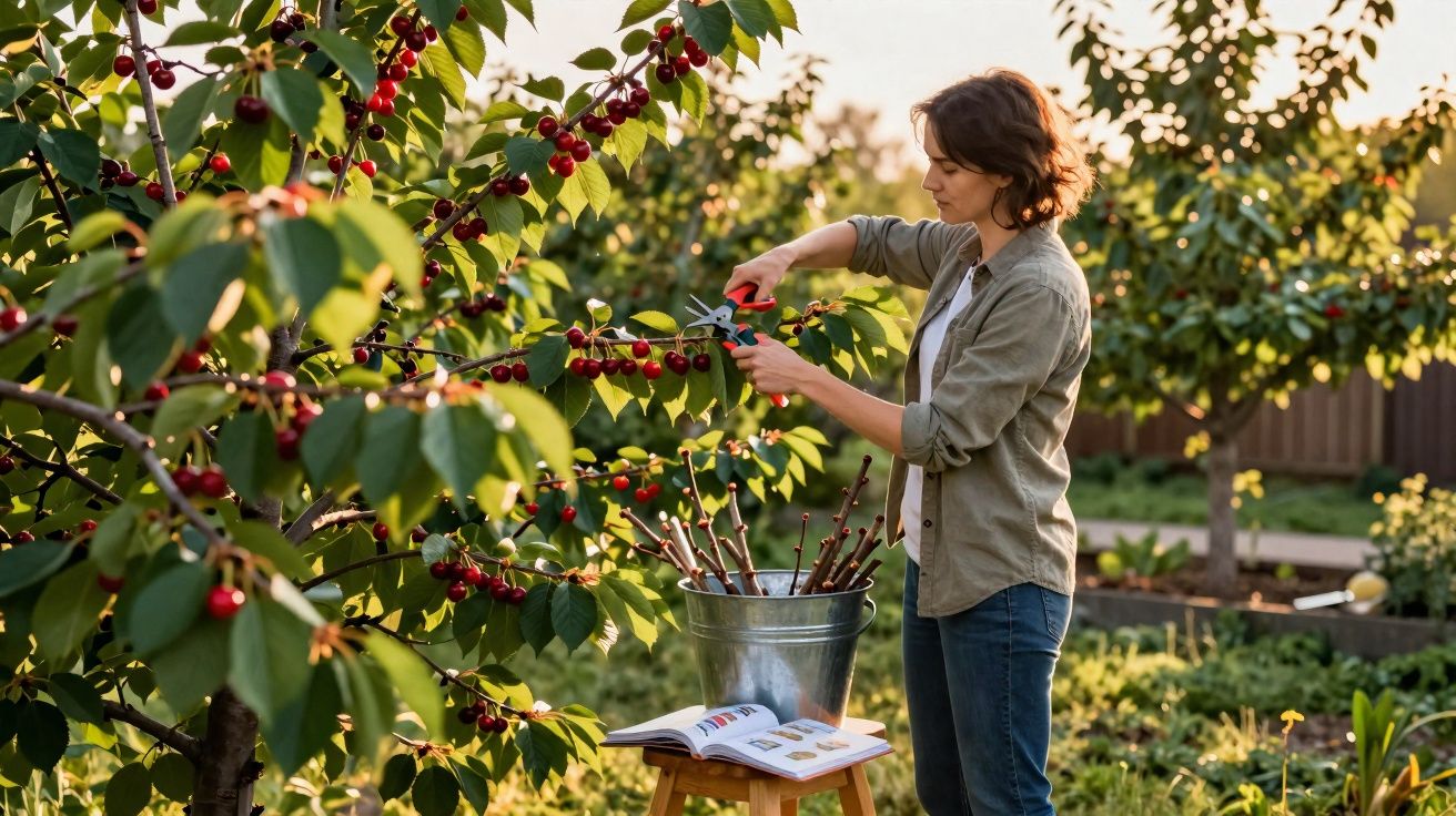 Mulher colhendo cerejas em pomar ao entardecer com podão e balde cheio de galhos ao lado.