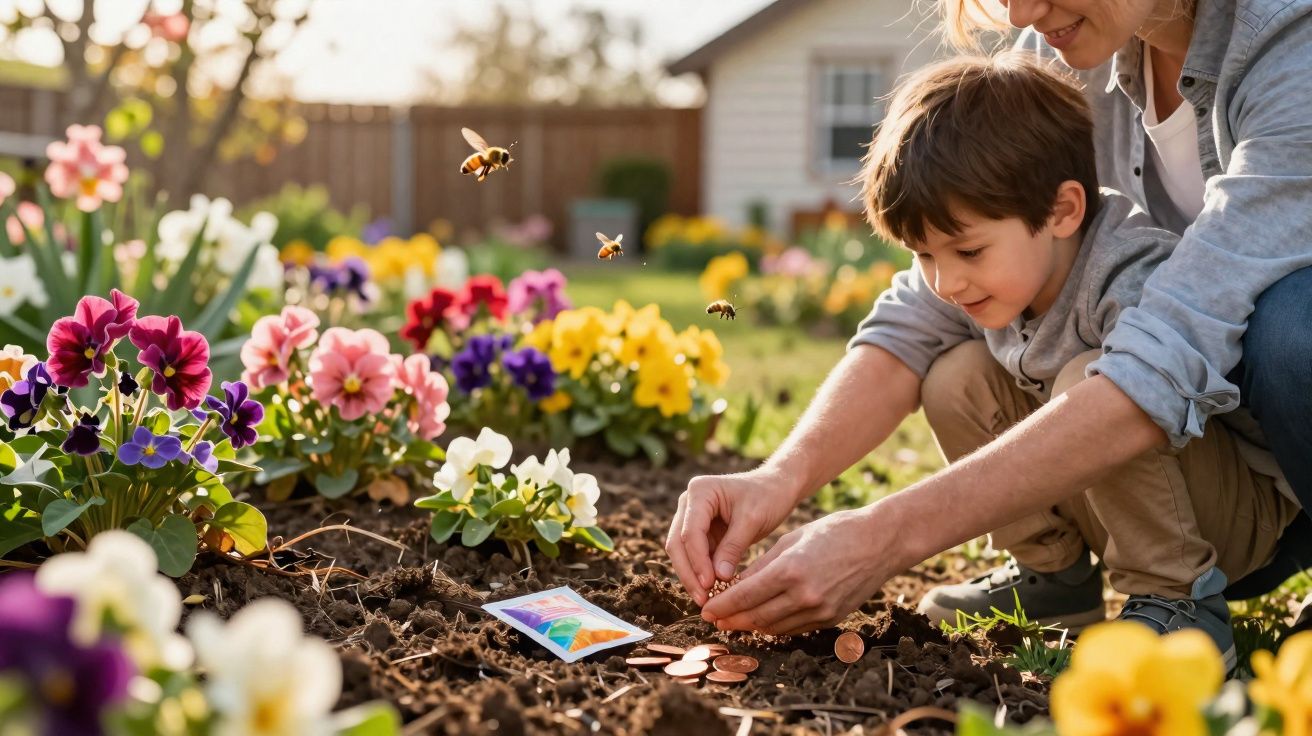 Mulher e menino plantando moedas no jardim florido enquanto abelhas voam ao redor.