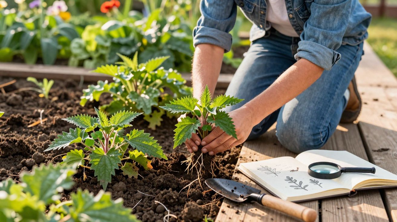 Pessoa plantando muda em horta ao ar livre com livro de botânica e lupa ao lado.