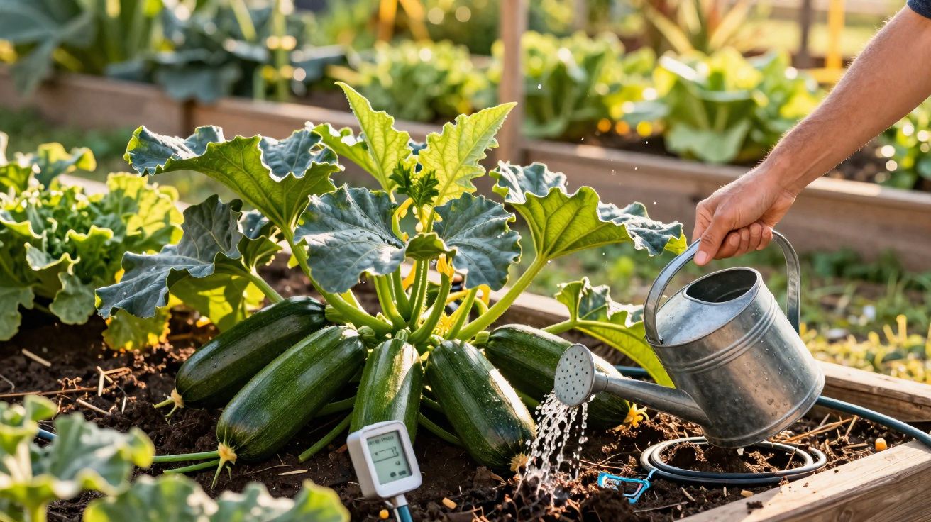 Pessoa regando planta de abobrinha em canteiro elevado em jardim ensolarado.