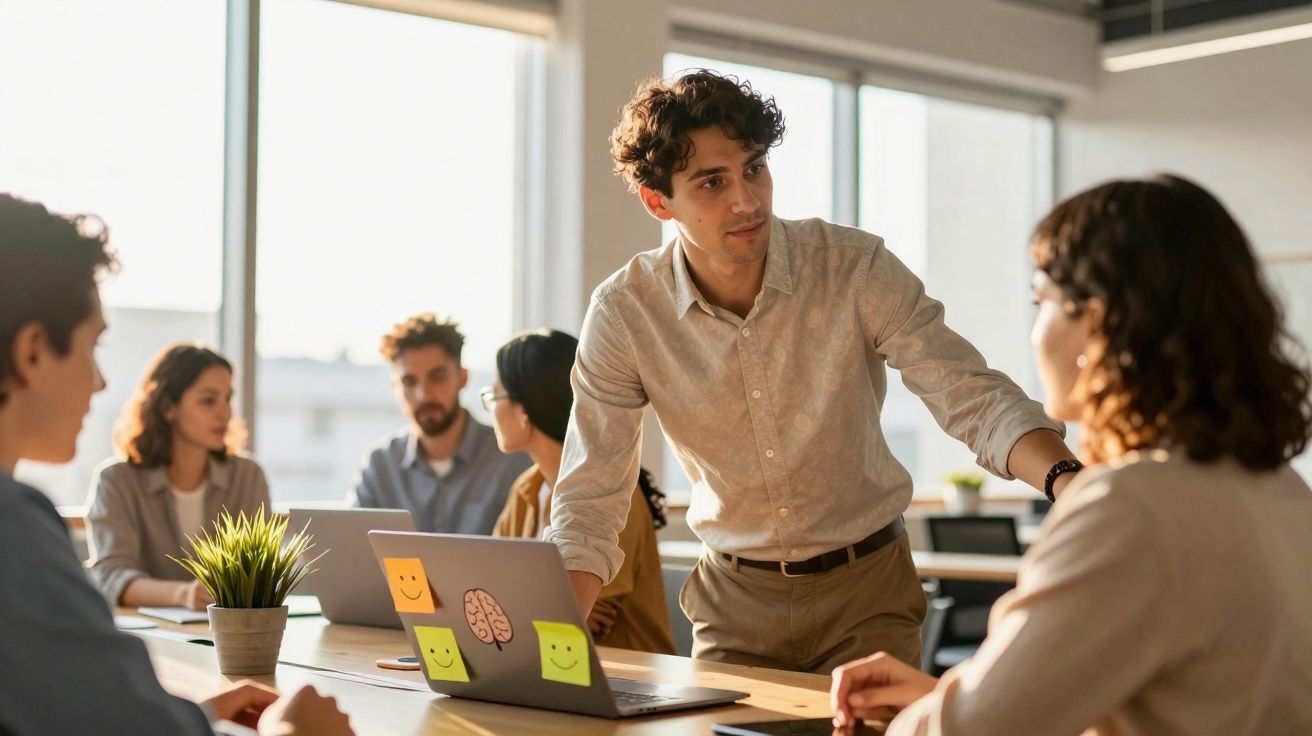 Grupo de profissionais discutindo projeto em sala de reunião com laptop e plantas sobre a mesa.