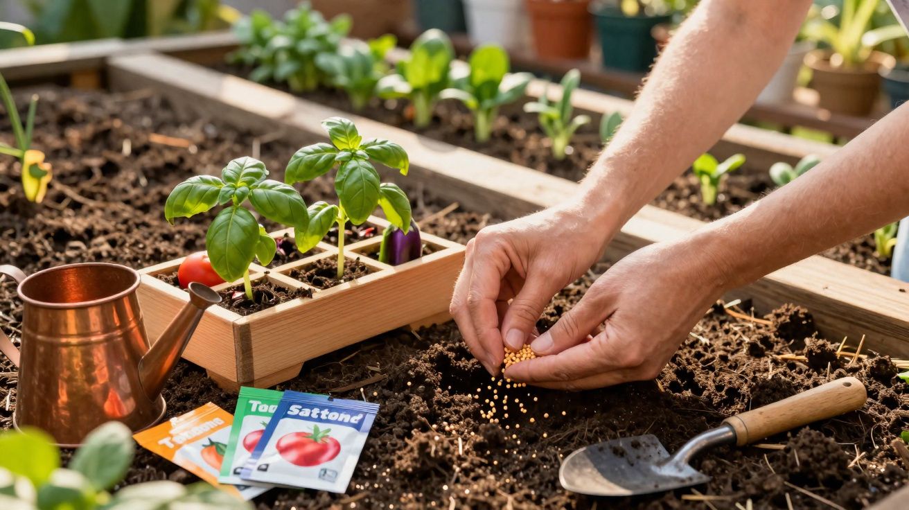 Pessoa plantando sementes em solo de horta com muda de manjericão, regador e sementes ao redor.