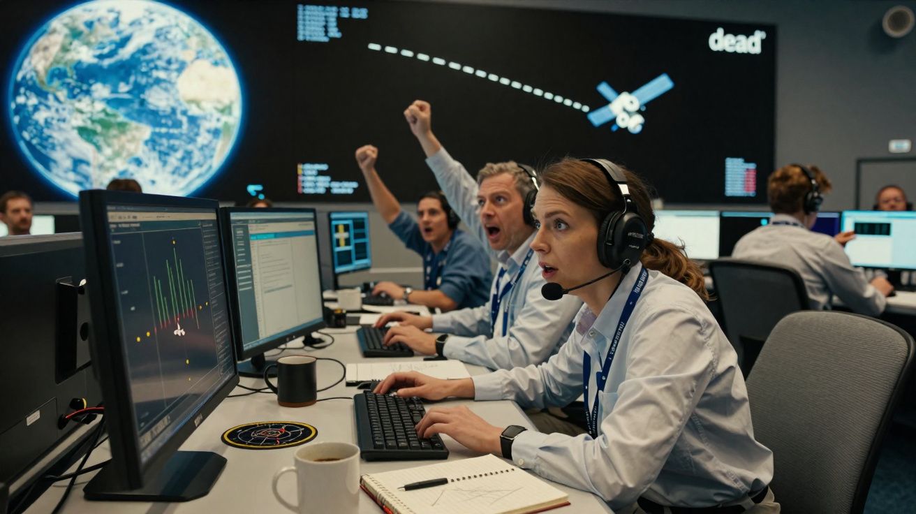 Equipe de controle espacial monitora dados em computadores com imagem da Terra e satélite ao fundo.