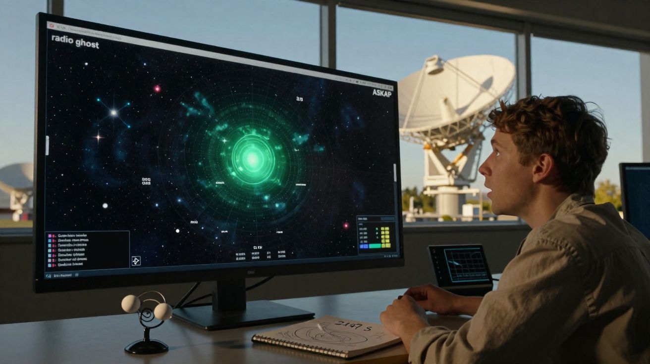 Homem observa tela grande com mapa estelar verde em sala com antena parabólica ao fundo.