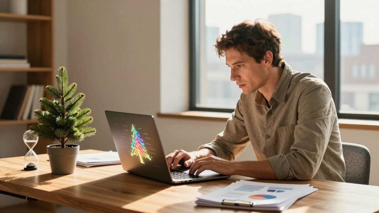 Homem jovem trabalhando em notebook com gráfico natalino, ao lado de mini árvore de Natal e documentos na mesa.