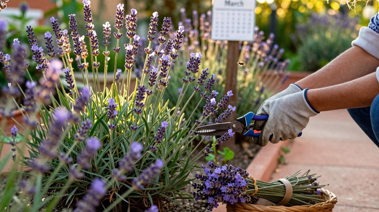 Pessoa podando flores de lavanda em jardim ensolarado com tesoura e cesta com buquê.