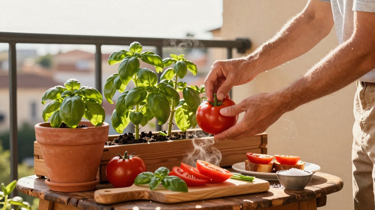 Pessoa colhendo tomate fresco em varanda com manjericão em vaso e tábua com tomates fatiados e torradas.