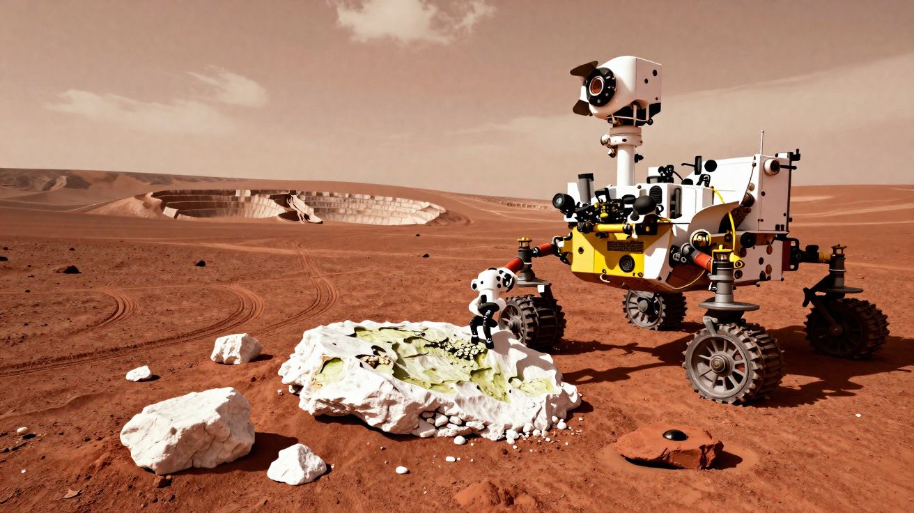 Rover explorando superfície marciana com crateras e pedras sob céu com nuvem isolada.