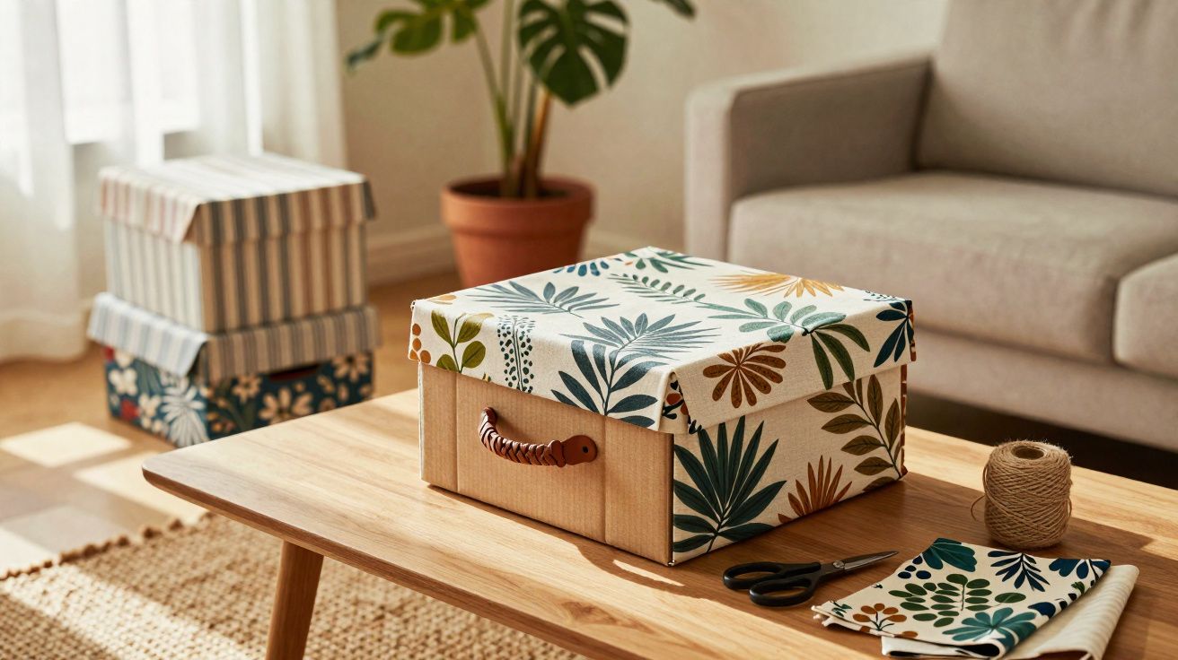 Caixa decorativa com estampa de folhas em mesa de madeira em sala iluminada com sofá cinza ao fundo.