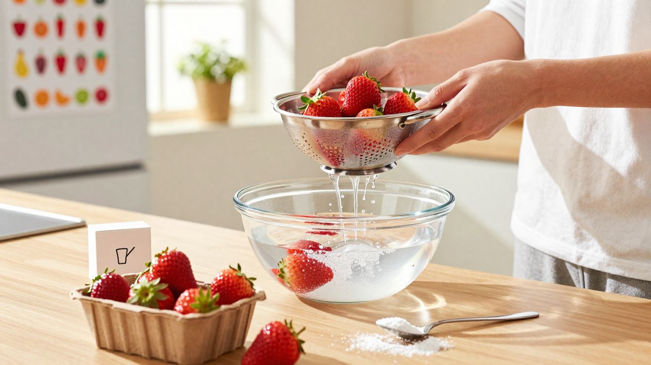 Pessoa escorrendo água de morangos em uma peneira sobre tigela de vidro na cozinha.