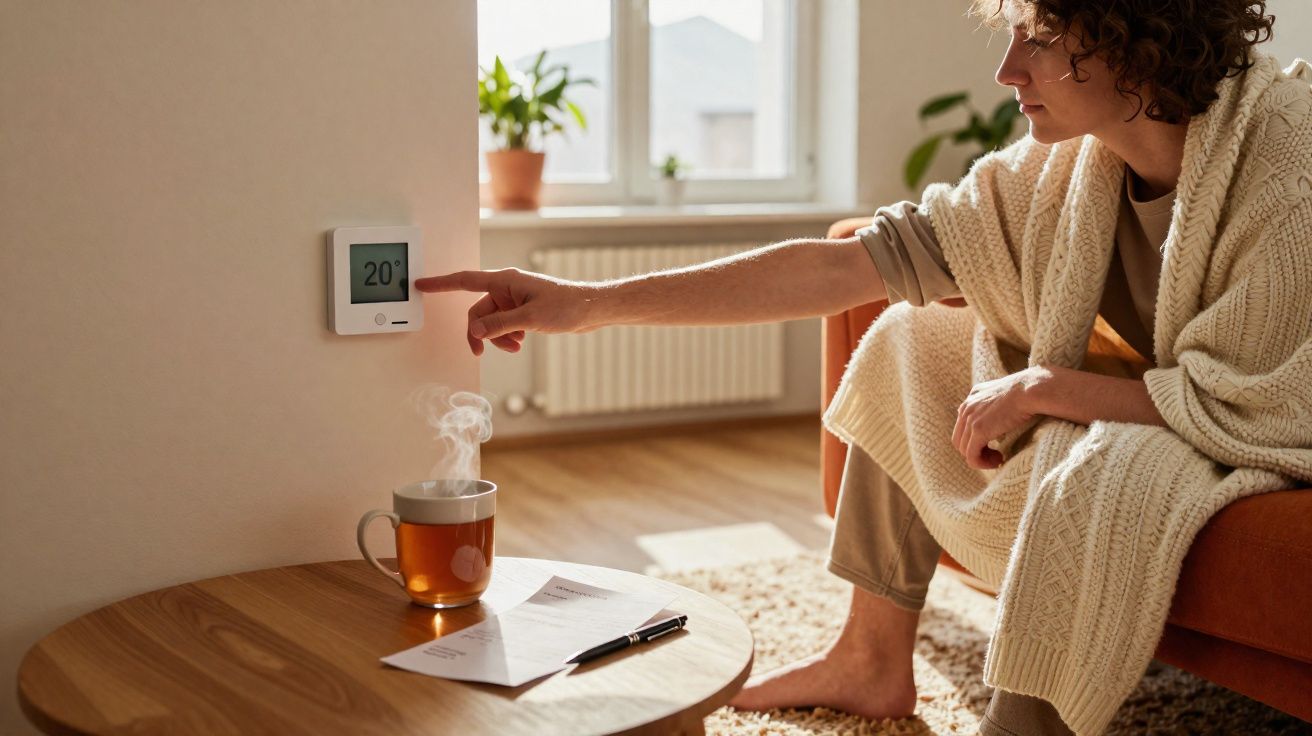 Pessoa ajustando termostato na parede em sala com mesa, chá quente e documentos sobre a mesa.