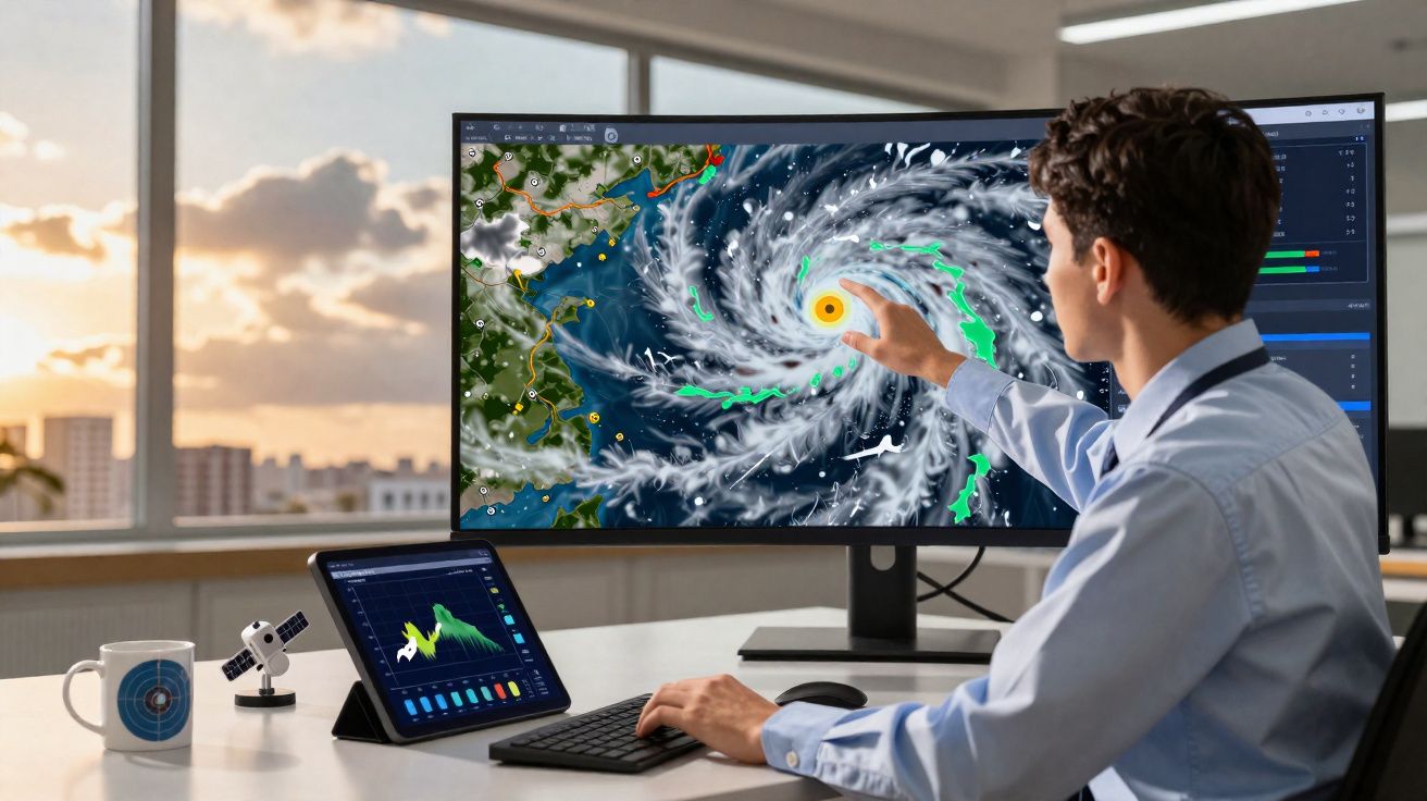 Homem analisando dados de furacão em monitor widescreen e tablet em escritório moderno.