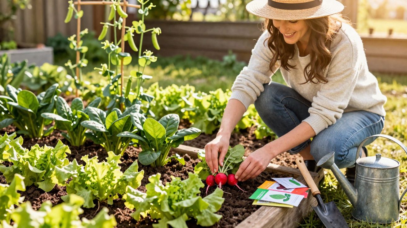 Mulher colhendo rabanetes em horta com regador, ferramentas e sementes ao lado em dia ensolarado.