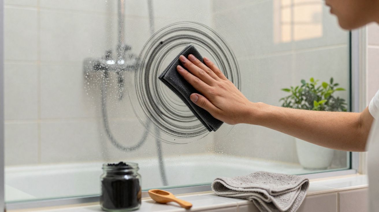 Pessoa limpando espelho do banheiro com pano preto e movimentos circulares.