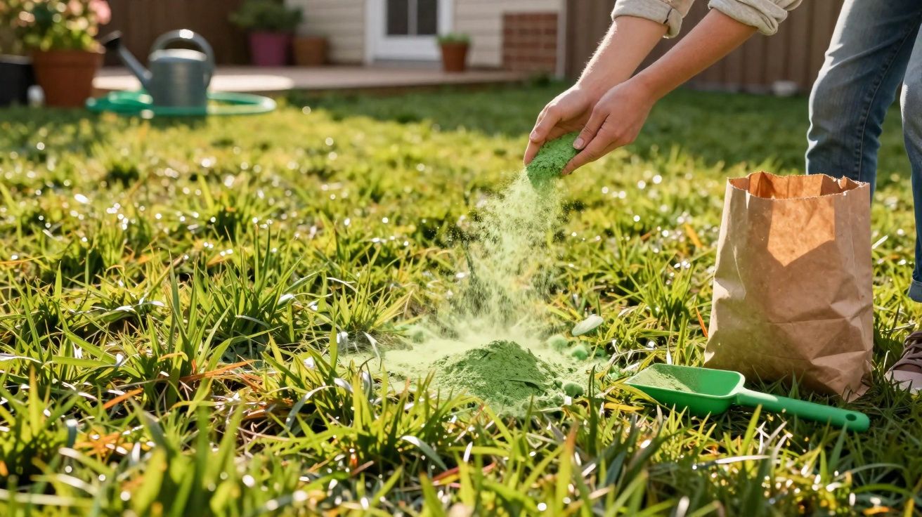 Pessoa aplicando fertilizante verde em gramado em área externa de residência.