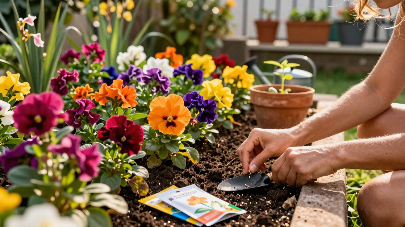 Pessoa plantando sementes em canteiro com flores coloridas em jardim ensolarado.