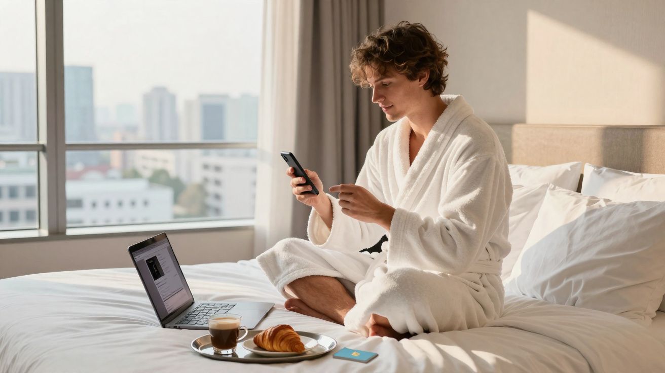 Homem sentado na cama com roupão branco, usando celular, com notebook e café e croissant na bandeja ao lado.