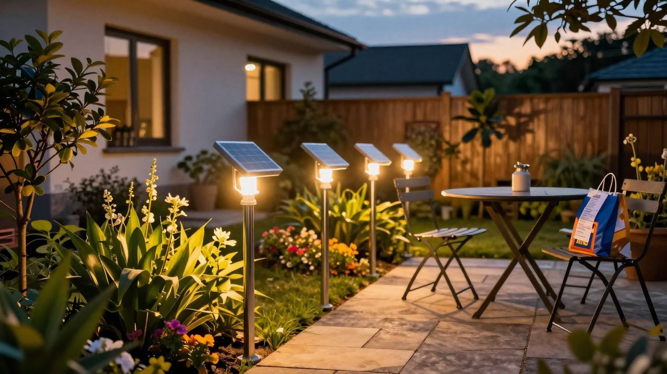 Jardim à noite com iluminação solar ao longo do caminho e mesa com duas cadeiras em área externa.