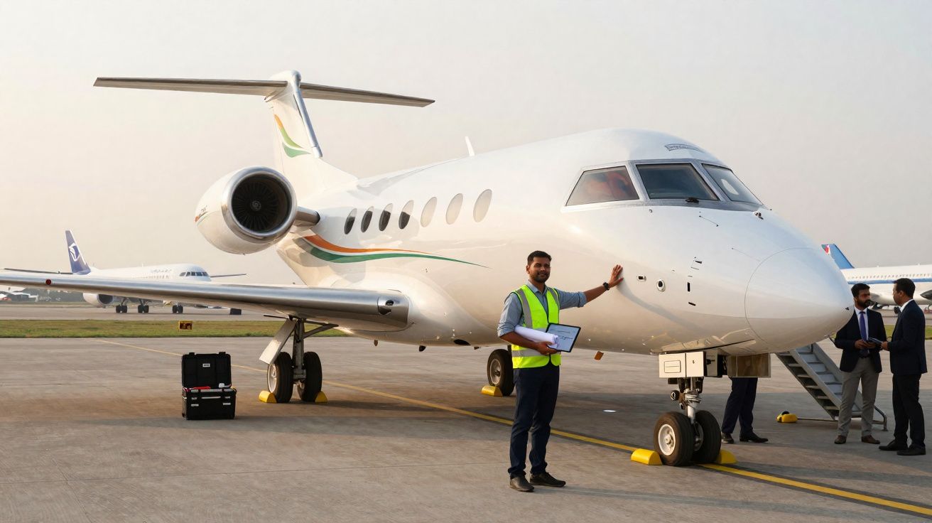 Homem com colete refletivo posa ao lado de jato executivo branco em pista de aeroporto ao entardecer.