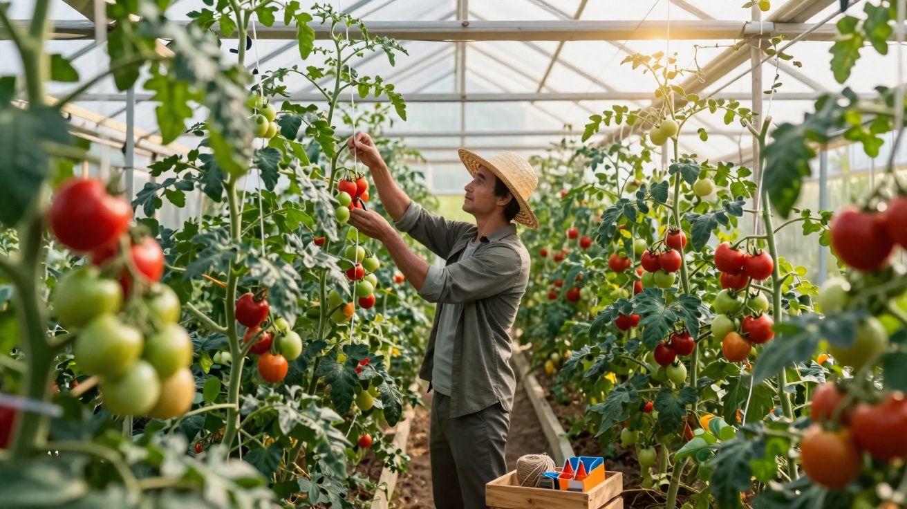 Agricultor colhendo tomates maduros em estufa cheia de plantas verdes e frutos vermelhos.