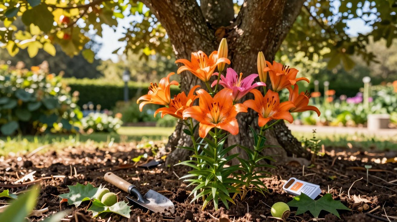 Grupo de lírios laranja com um rosa plantados sob uma árvore, ao lado de uma pá de jardinagem.