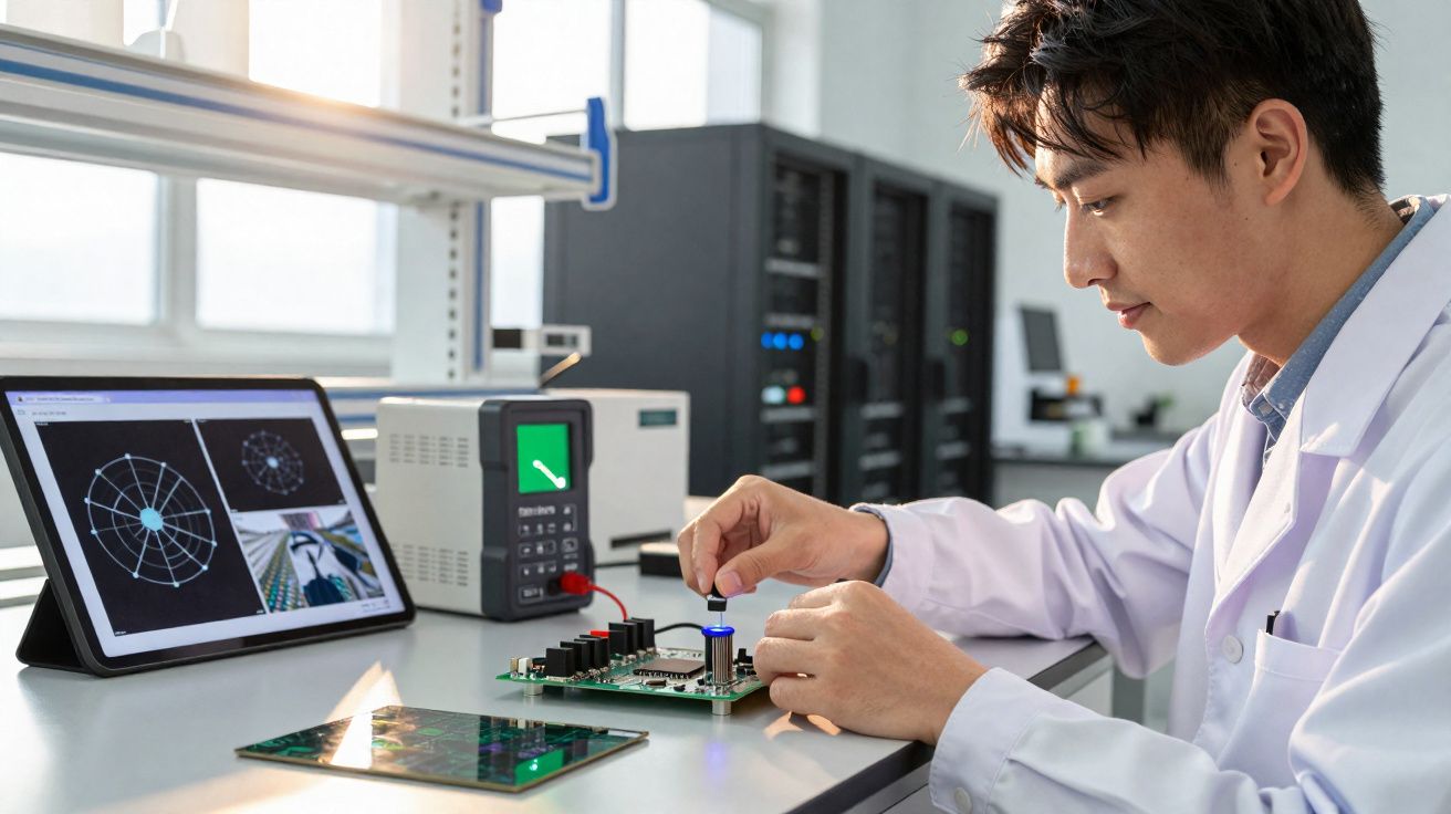 Homem em laboratório eletrônico ajusta circuito enquanto analisa dados exibidos em tablet.