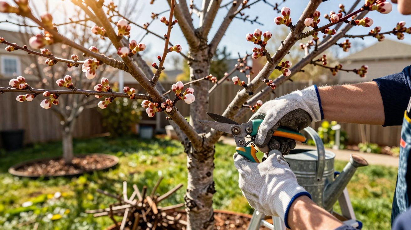 Pessoa podando galhos de árvore florida com tesoura de poda em jardim ensolarado.