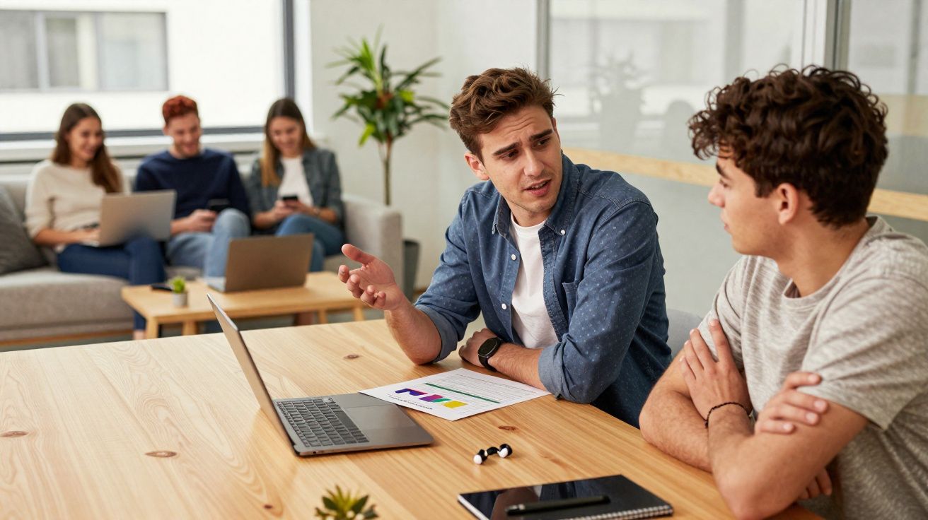 Jovens em ambiente de trabalho colaborativo, discutindo projetos com laptop e documentos sobre a mesa.