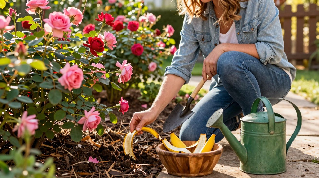 Mulher regando rosas e plantando cascas de banana no jardim em dia ensolarado.