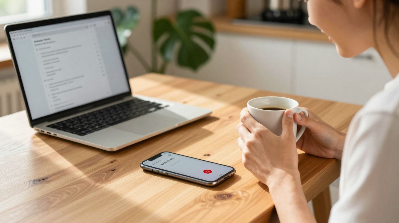 Pessoa segurando xícara de café perto de notebook e celular sobre mesa de madeira clara.