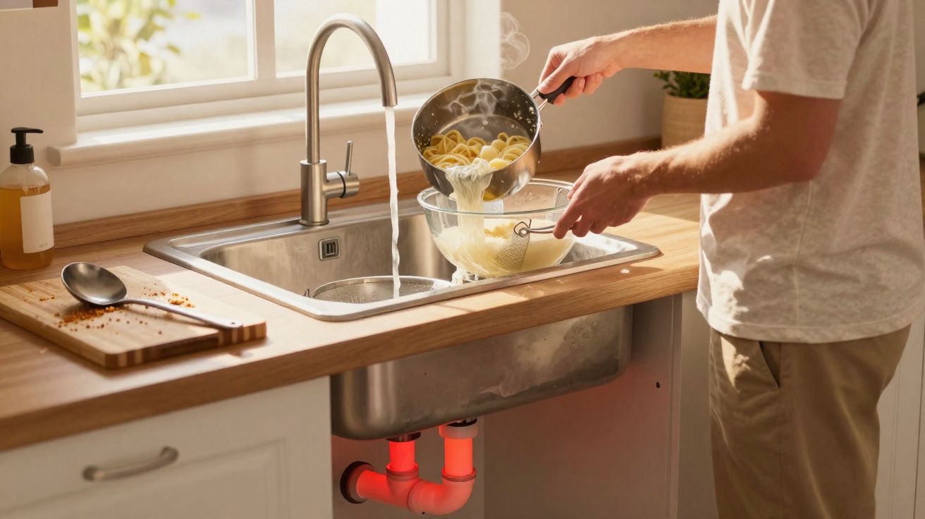 Pessoa escorrendo macarrão em escorredor sobre pia com torneira aberta em cozinha iluminada.