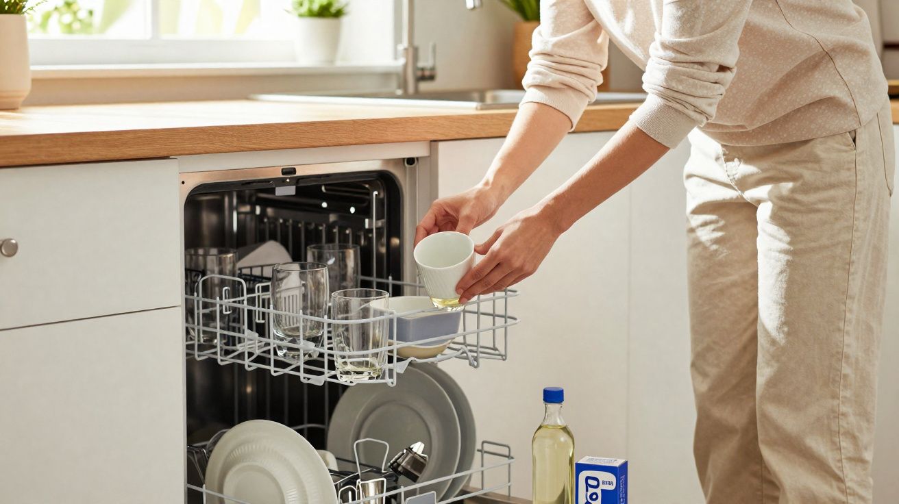 Pessoa carregando xícara para a lava-louças cheia de pratos e copos em cozinha iluminada.