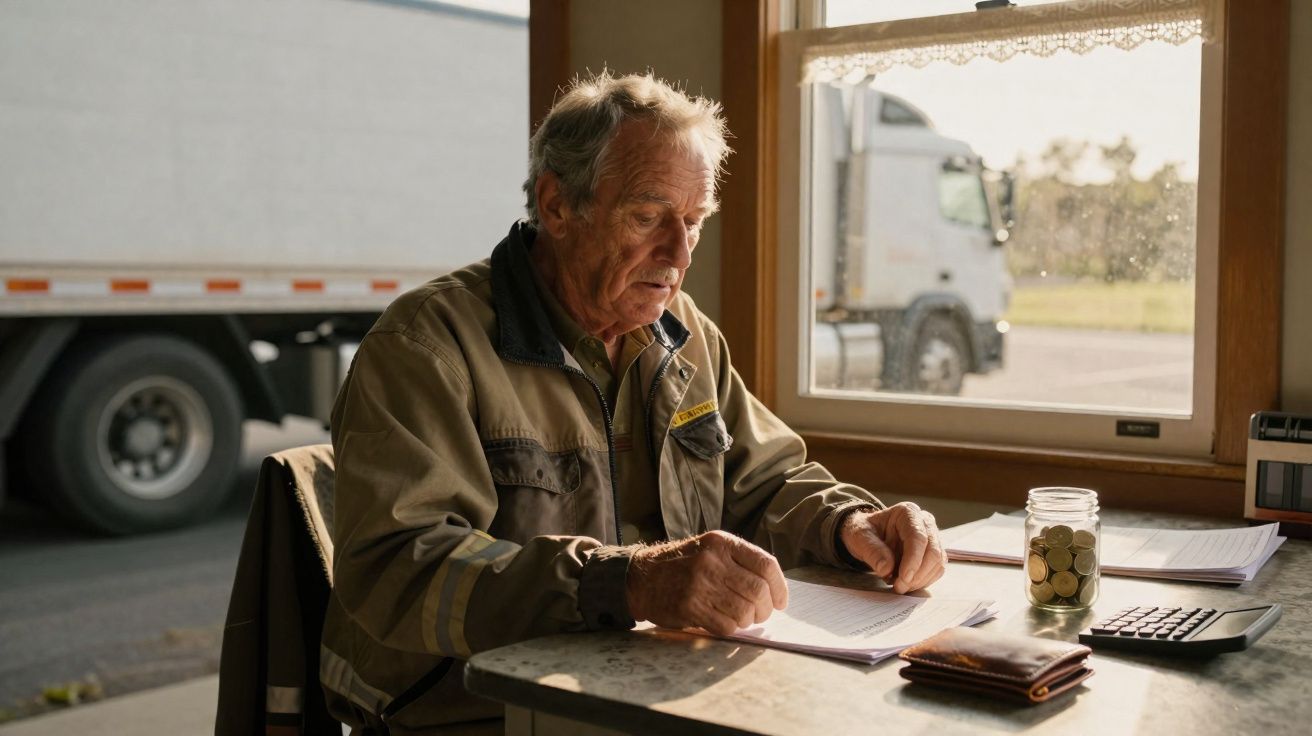 Homem idoso trabalhando em mesa com documentos, cofre de moedas e calculadora, ao lado de caminhão estacionado.