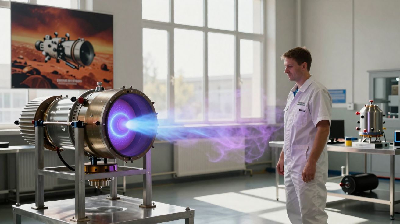 Homem em roupa branca observa teste de propulsor com chama azul em laboratório iluminado por janelas grandes.
