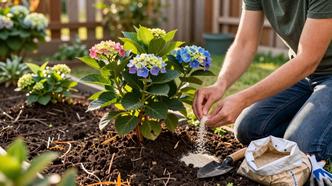 Pessoa fertilizando plantas de hortênsia coloridas em canteiro de jardim ensolarado.