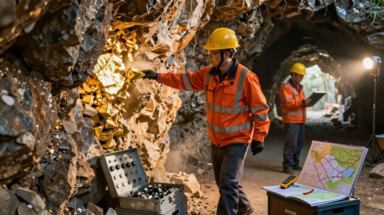 Dois mineradores com capacetes e coletes laranja analisam uma parede de minério dourado em mina subterrânea.
