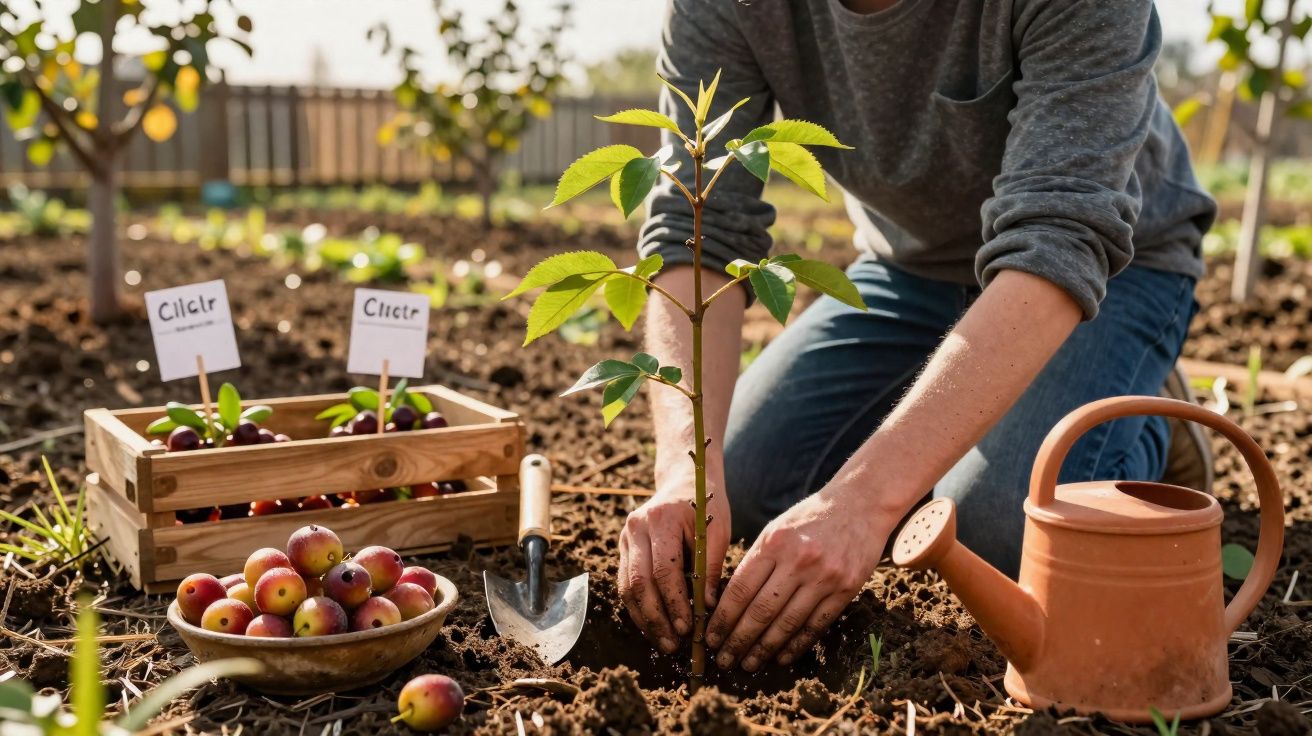 Pessoa plantando muda de árvore em solo fértil, com regador, pá e frutos em cesta ao lado.