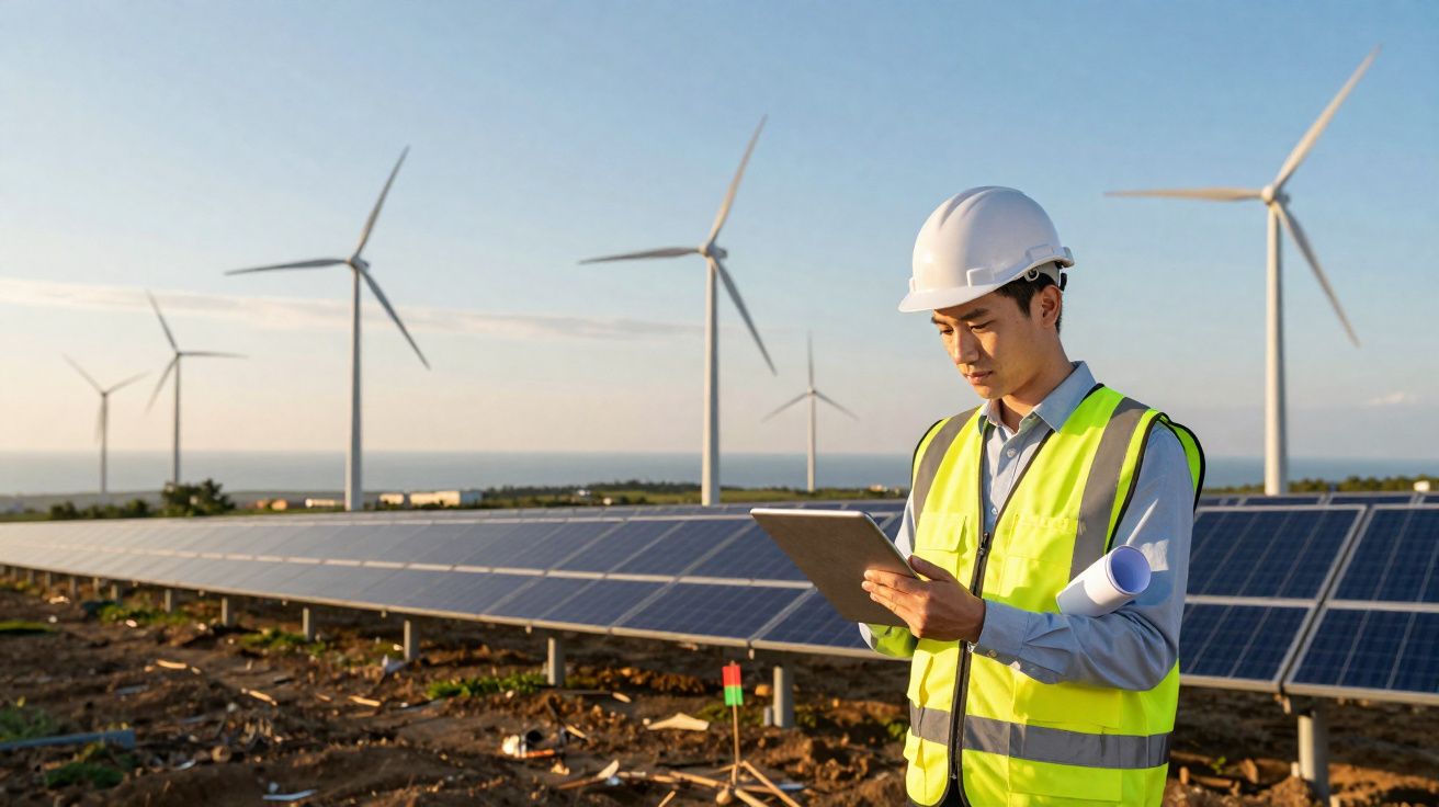 Engenheiro com capacete e colete verifica dados em tablet em campo com painéis solares e turbinas eólicas.