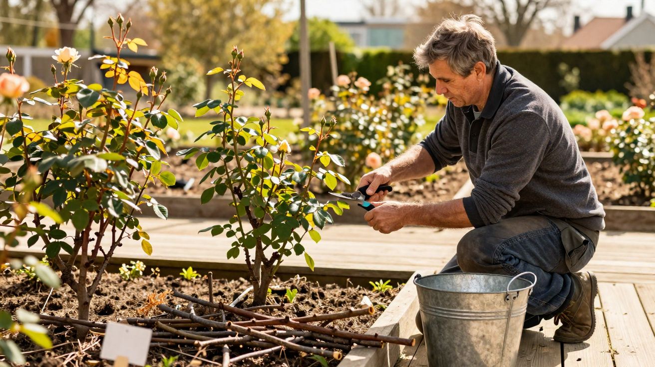 Homem podando rosas em um jardim florido durante o dia ensolarado.