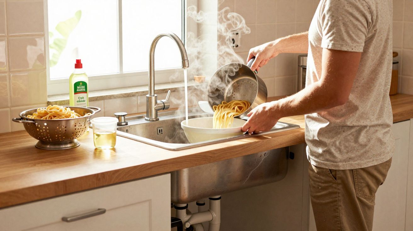 Pessoa escorrendo macarrão quente em uma pia de cozinha com utensílios e detergente ao lado.