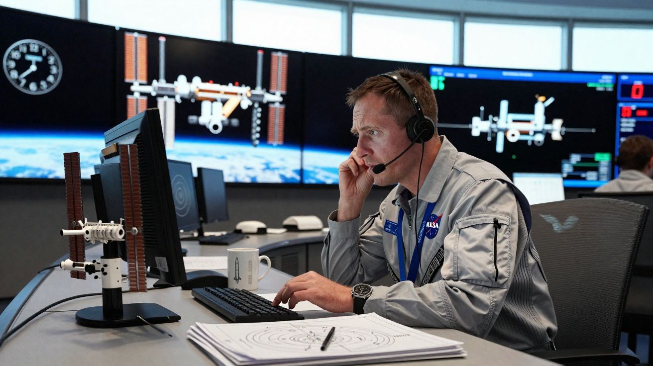 Homem com fone de ouvido em sala de controle observando monitores com imagens da Estação Espacial Internacional.