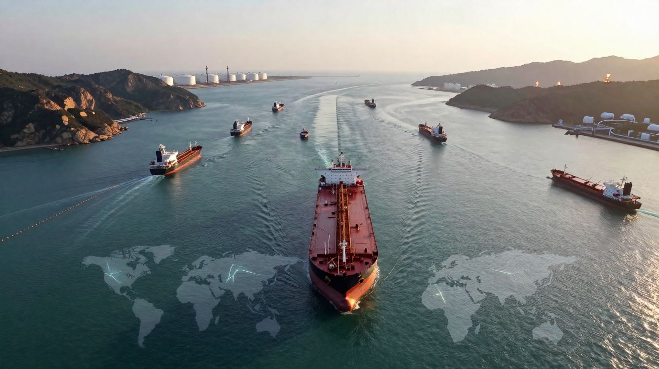 Navios cargueiros navegando em canal entre colinas com tanques industriais ao fundo ao pôr do sol.