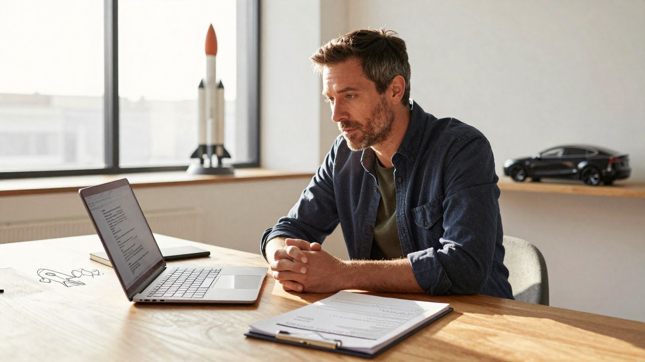 Homem sentado à mesa olhando concentrado para laptop com documentos e maquetes atrás.