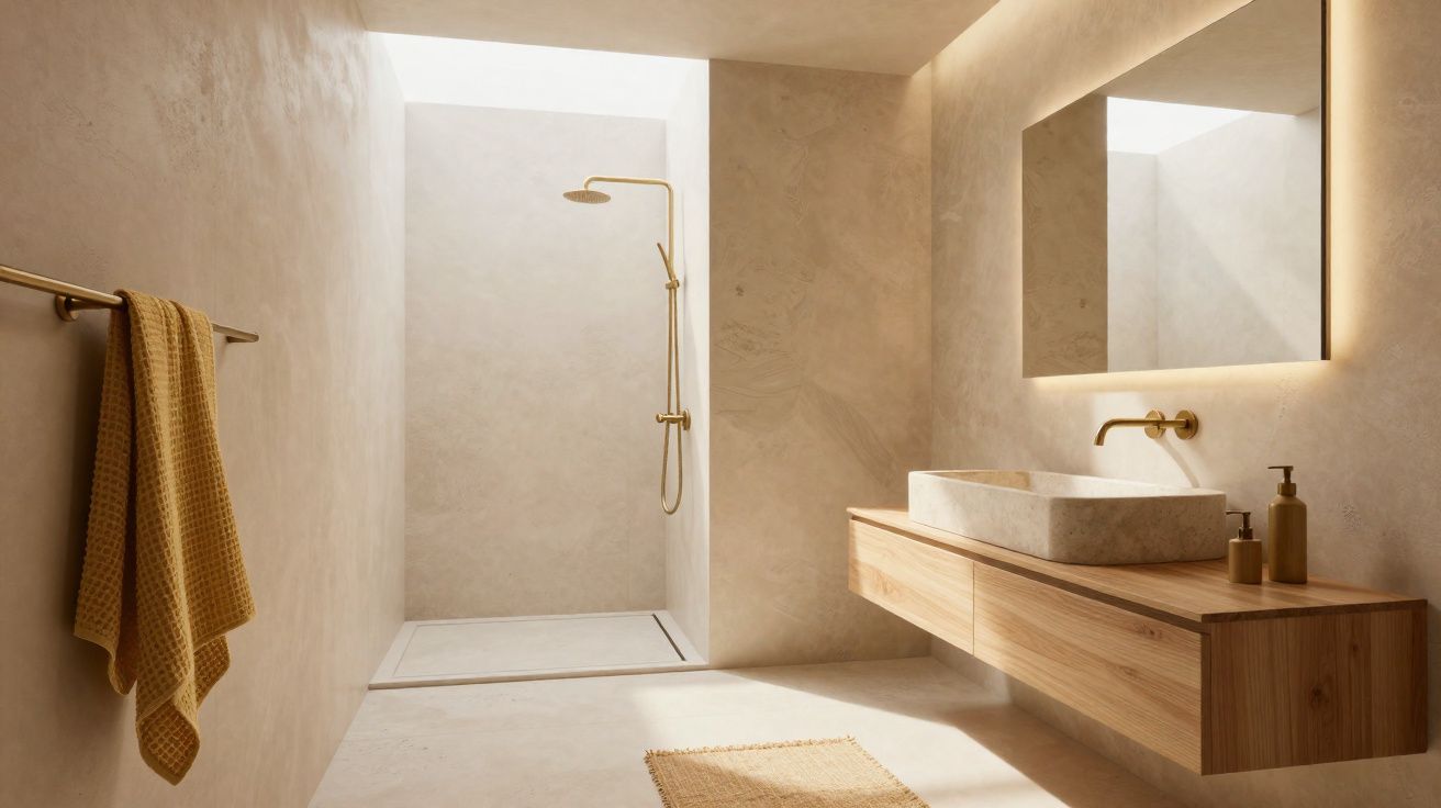 Banheiro minimalista com chuveiro dourado, pia retangular, espelho iluminado e toalha amarela na parede.