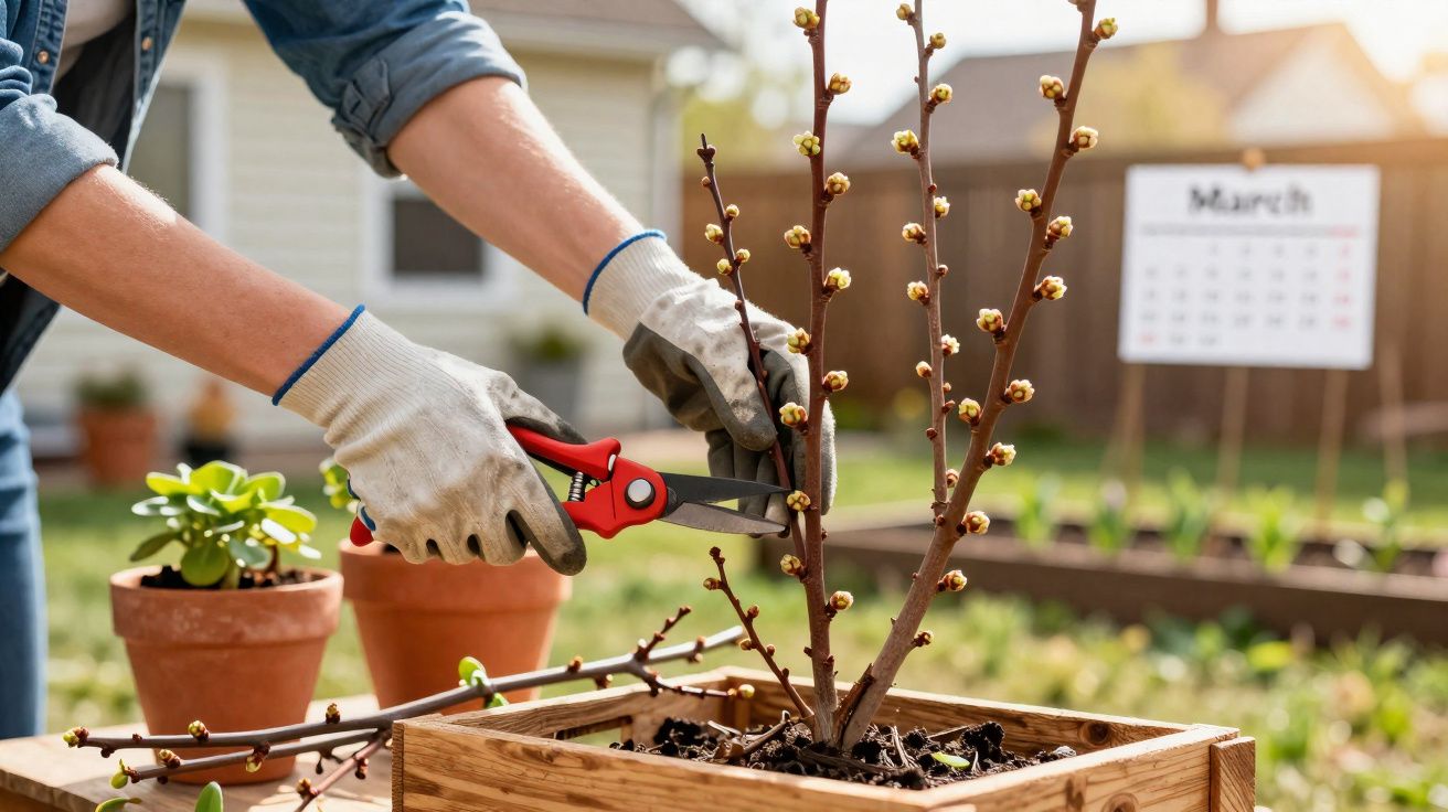 Pessoa podando galhos de planta em vaso de madeira em jardim externo com calendário de março ao fundo.