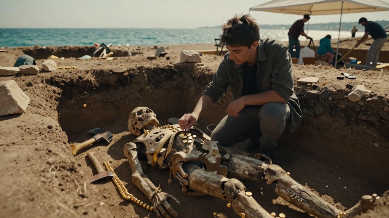 Arqueólogo examina ossada humana com moedas e joias em escavação próxima ao mar.