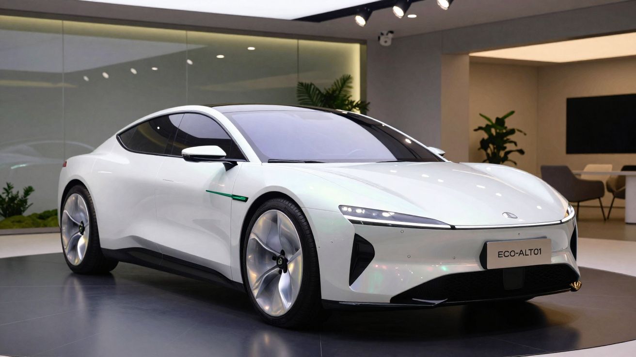 Carro esportivo elétrico branco ECO-ALTO1 exibido em showroom moderno com iluminação suave e plantas decorativas.